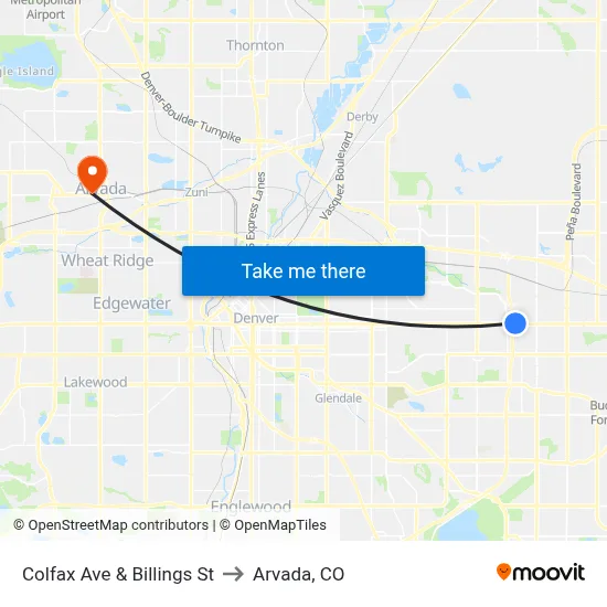 Colfax Ave & Billings St to Arvada, CO map