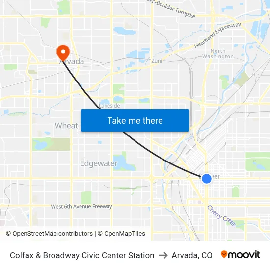 Colfax & Broadway Civic Center Station to Arvada, CO map
