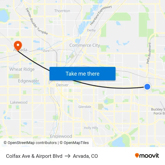 Colfax Ave & Airport Blvd to Arvada, CO map
