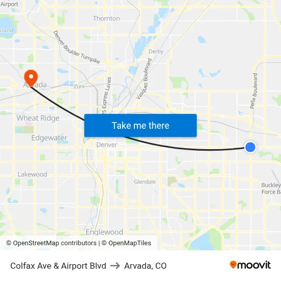 Colfax Ave & Airport Blvd to Arvada, CO map