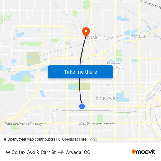 W Colfax Ave & Carr St to Arvada, CO map