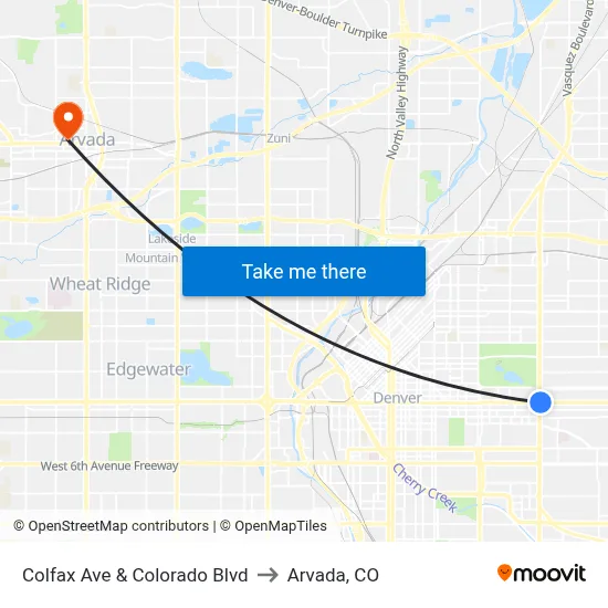 Colfax Ave & Colorado Blvd to Arvada, CO map