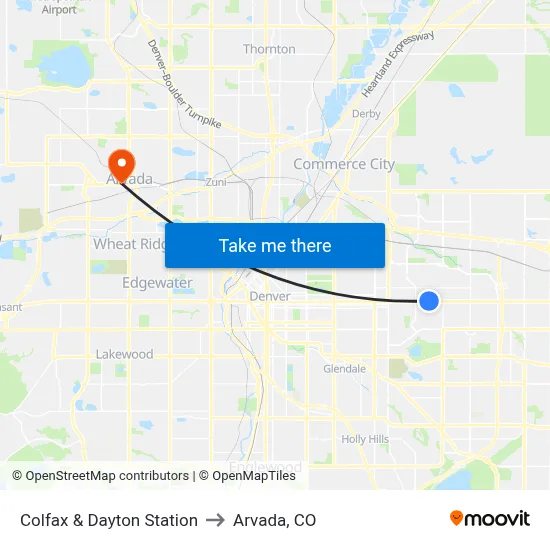 Colfax & Dayton Station to Arvada, CO map
