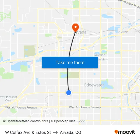 W Colfax Ave & Estes St to Arvada, CO map