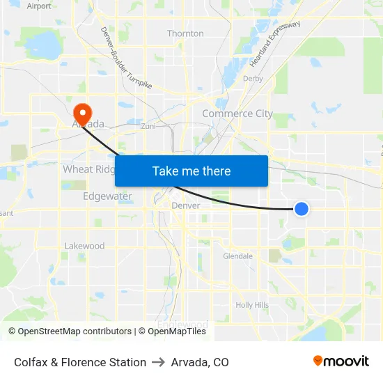 Colfax & Florence Station to Arvada, CO map