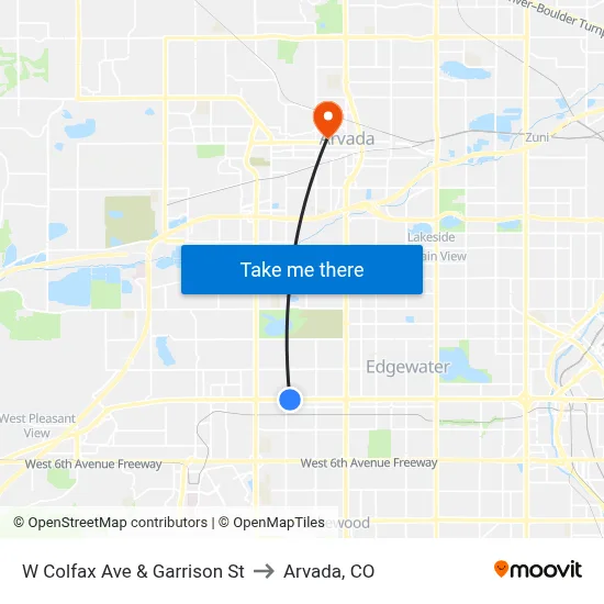 W Colfax Ave & Garrison St to Arvada, CO map