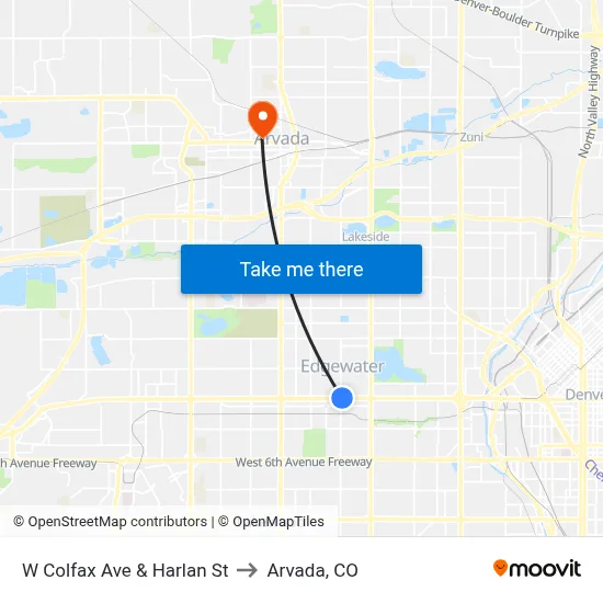 W Colfax Ave & Harlan St to Arvada, CO map