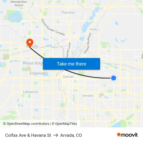 Colfax Ave & Havana St to Arvada, CO map