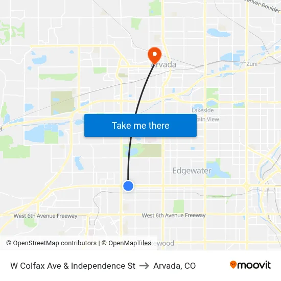 W Colfax Ave & Independence St to Arvada, CO map