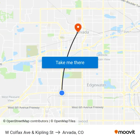 W Colfax Ave & Kipling St to Arvada, CO map