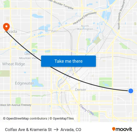 Colfax Ave & Krameria St to Arvada, CO map