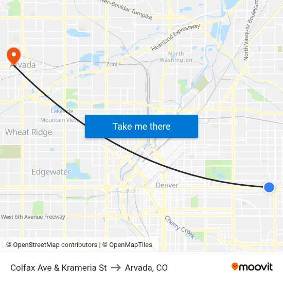 Colfax Ave & Krameria St to Arvada, CO map