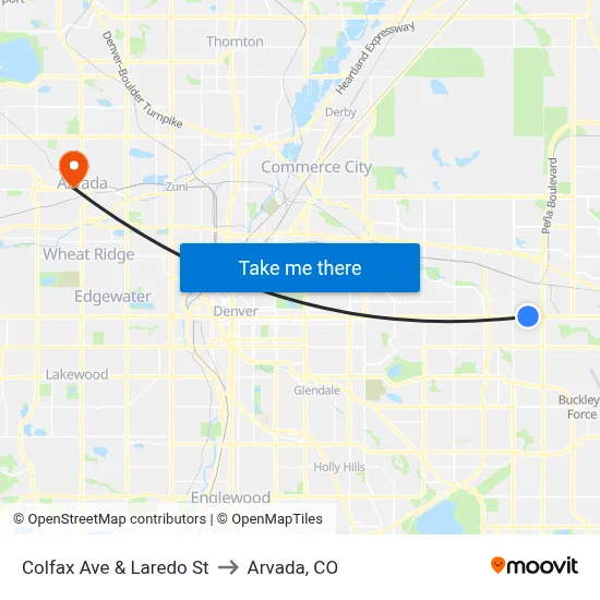 Colfax Ave & Laredo St to Arvada, CO map
