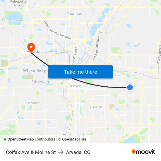 Colfax Ave & Moline St to Arvada, CO map