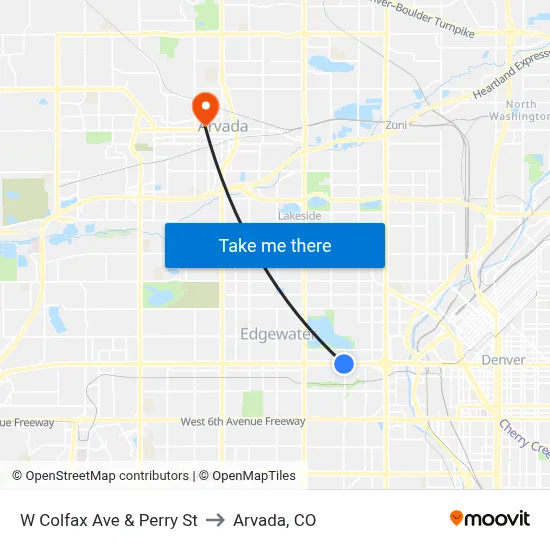 W Colfax Ave & Perry St to Arvada, CO map