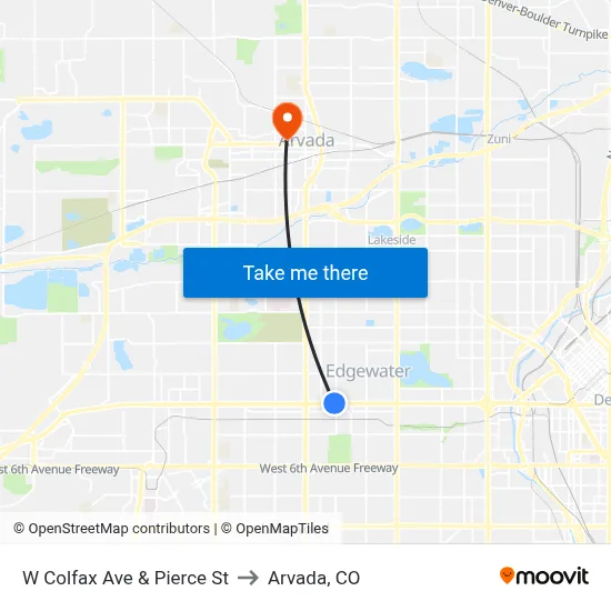 W Colfax Ave & Pierce St to Arvada, CO map