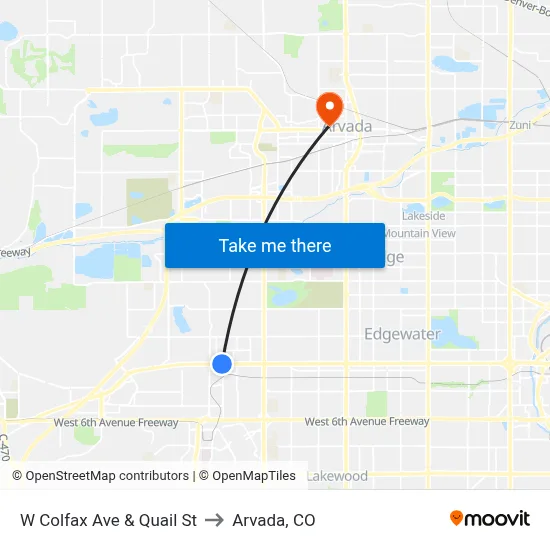 W Colfax Ave & Quail St to Arvada, CO map