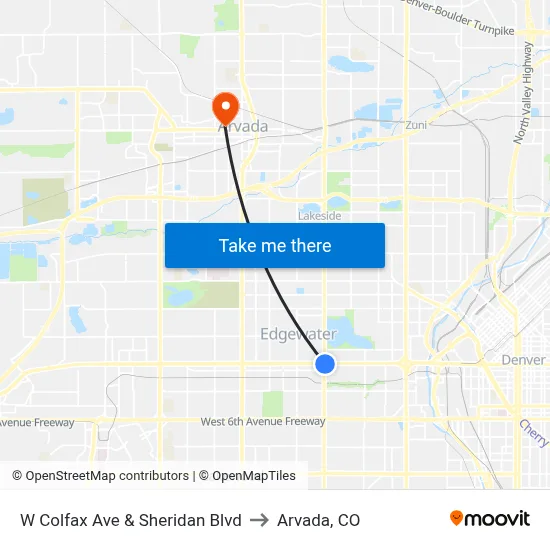 W Colfax Ave & Sheridan Blvd to Arvada, CO map