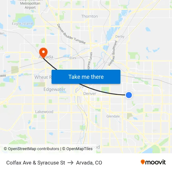 Colfax Ave & Syracuse St to Arvada, CO map