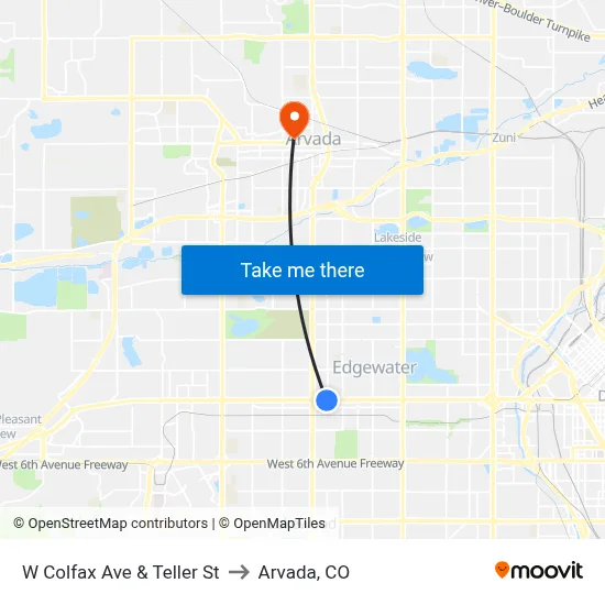 W Colfax Ave & Teller St to Arvada, CO map
