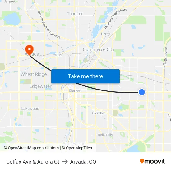 Colfax Ave & Aurora Ct to Arvada, CO map