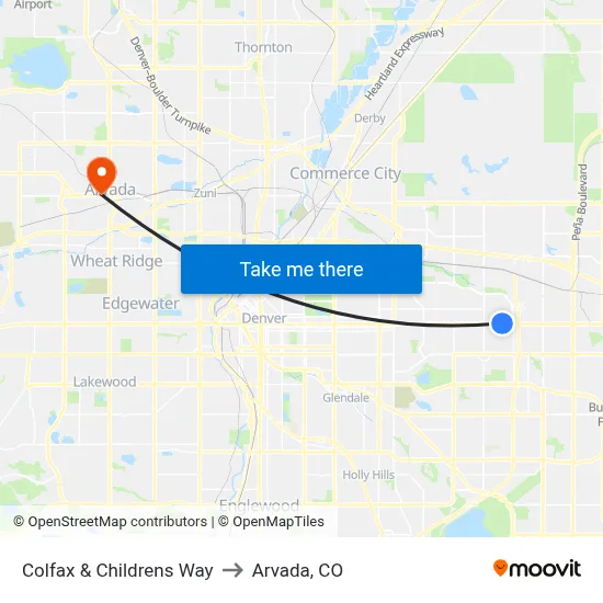 Colfax & Childrens Way to Arvada, CO map