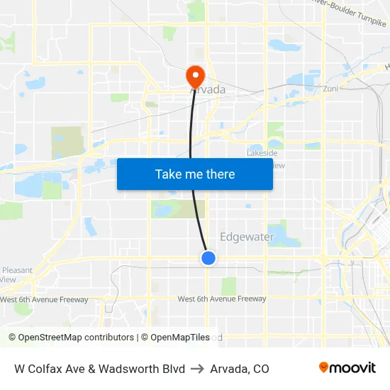 W Colfax Ave & Wadsworth Blvd to Arvada, CO map