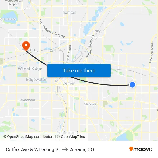 Colfax Ave & Wheeling St to Arvada, CO map