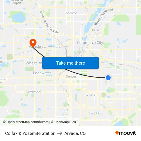 Colfax & Yosemite Station to Arvada, CO map