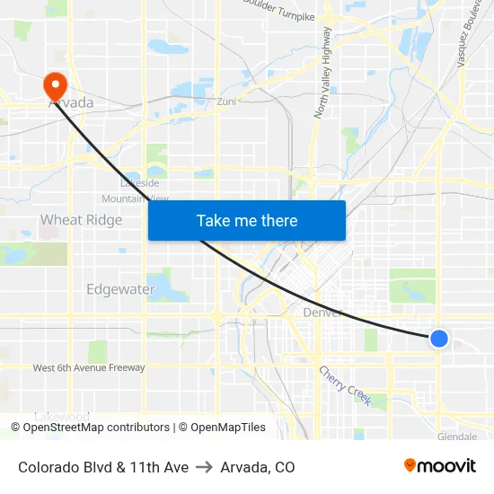 Colorado Blvd & 11th Ave to Arvada, CO map