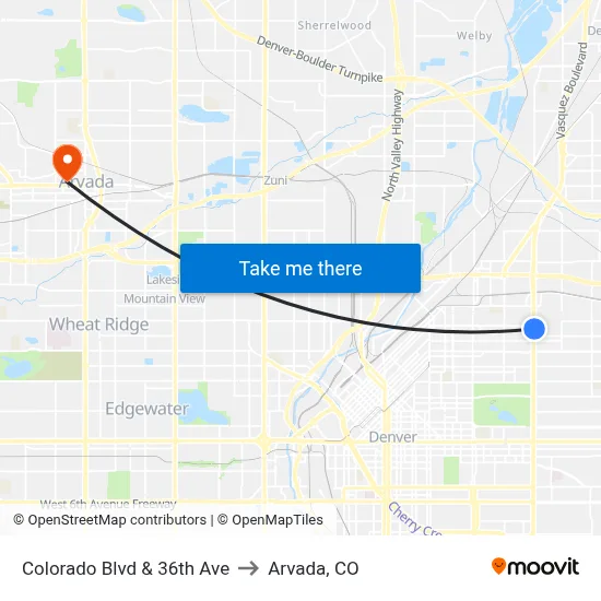 Colorado Blvd & 36th Ave to Arvada, CO map