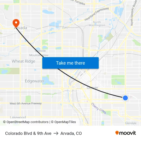 Colorado Blvd & 9th Ave to Arvada, CO map