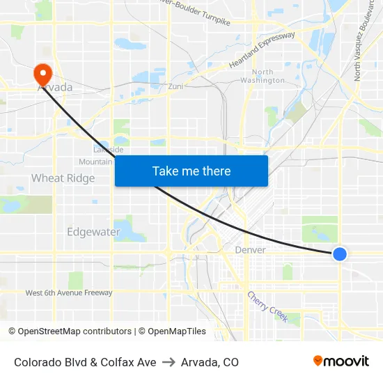 Colorado Blvd & Colfax Ave to Arvada, CO map