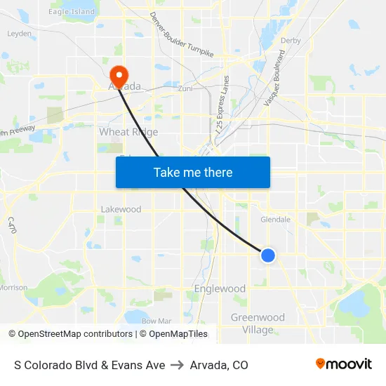 S Colorado Blvd & Evans Ave to Arvada, CO map
