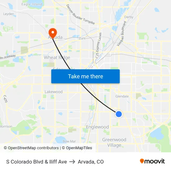 S Colorado Blvd & Iliff Ave to Arvada, CO map