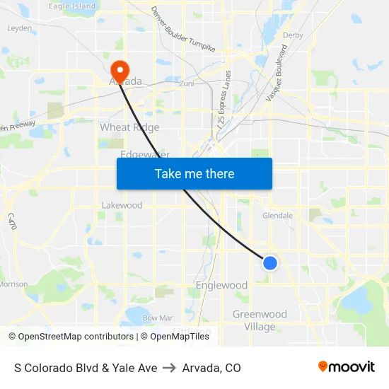 S Colorado Blvd & Yale Ave to Arvada, CO map