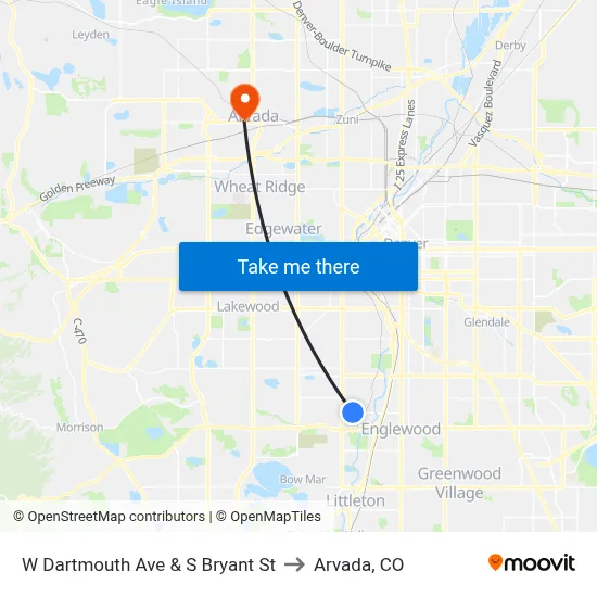 W Dartmouth Ave & S Bryant St to Arvada, CO map