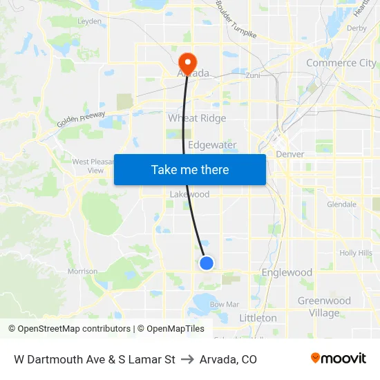 W Dartmouth Ave & S Lamar St to Arvada, CO map