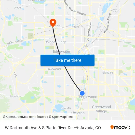 W Dartmouth Ave & S Platte River Dr to Arvada, CO map