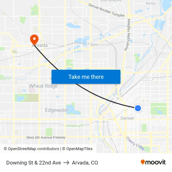 Downing St & 22nd Ave to Arvada, CO map