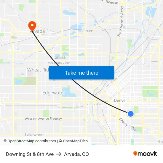 Downing St & 8th Ave to Arvada, CO map