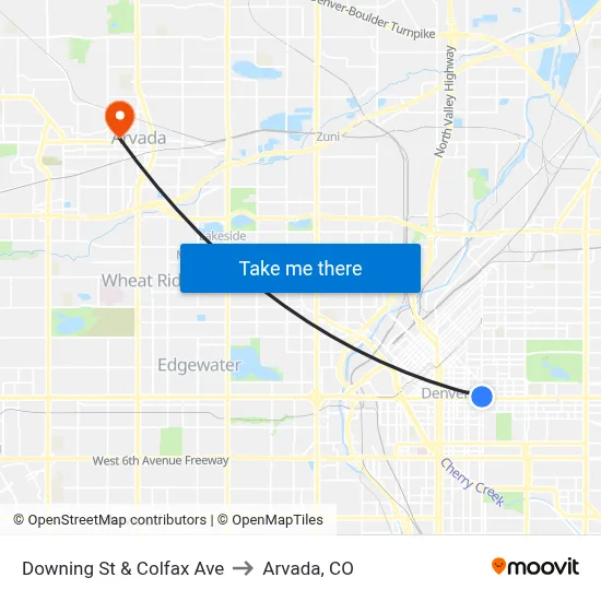 Downing St & Colfax Ave to Arvada, CO map
