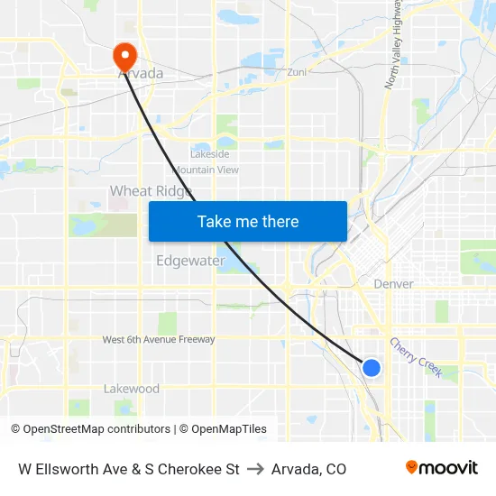 W Ellsworth Ave & S Cherokee St to Arvada, CO map