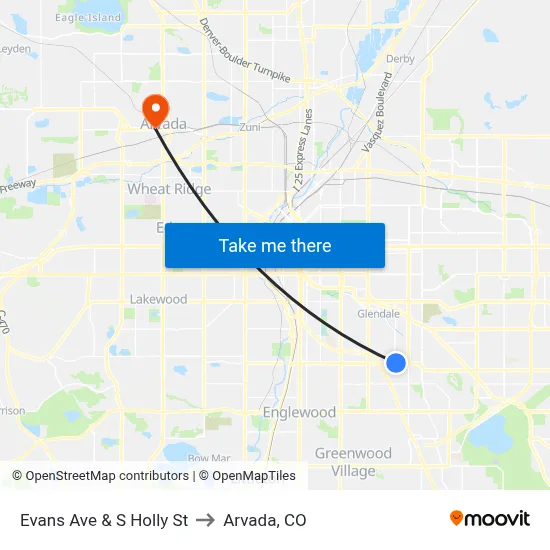 Evans Ave & S Holly St to Arvada, CO map