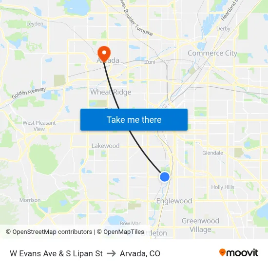 W Evans Ave & S Lipan St to Arvada, CO map