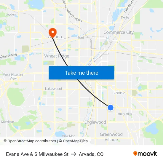 Evans Ave & S Milwaukee St to Arvada, CO map