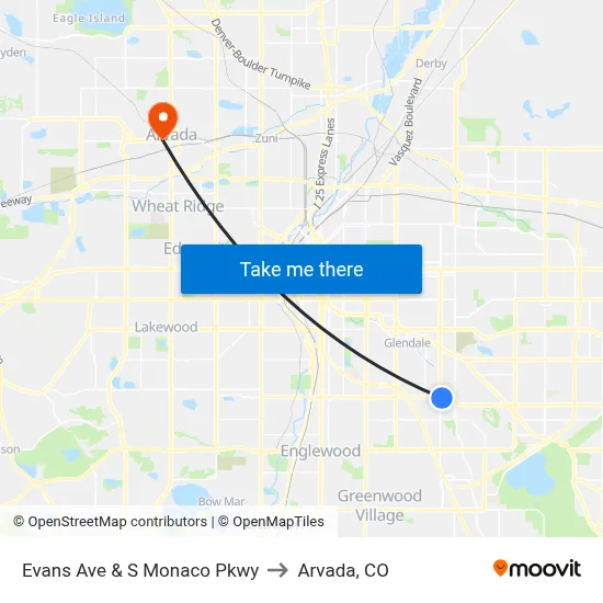 Evans Ave & S Monaco Pkwy to Arvada, CO map