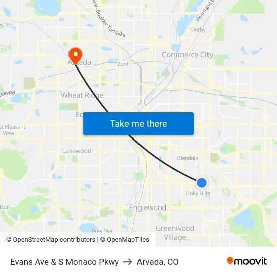 Evans Ave & S Monaco Pkwy to Arvada, CO map