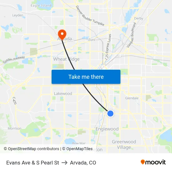 Evans Ave & S Pearl St to Arvada, CO map