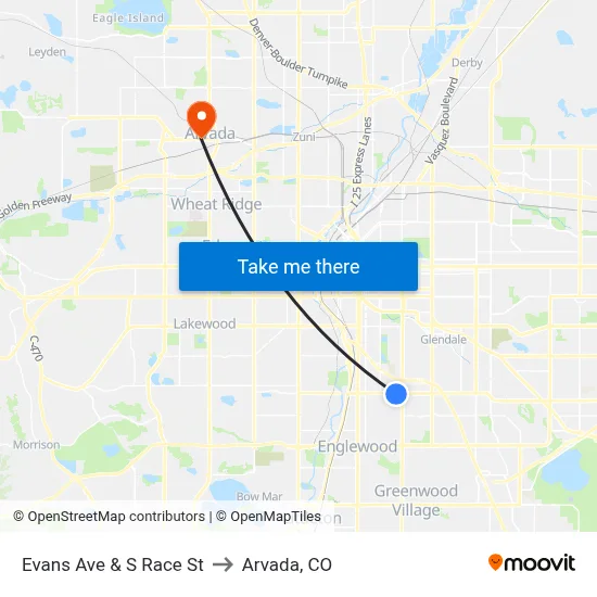 Evans Ave & S Race St to Arvada, CO map